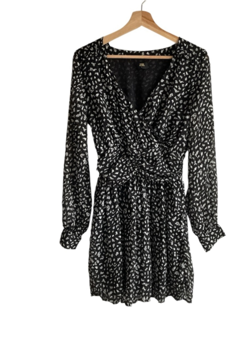 Seven Sisters Black Mini Wrap Dress with White Spot Print, L